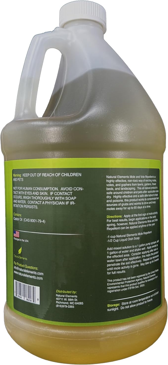 Natural Elements Mole and Vole Repellent – 100% Castor Oil Formula – Lawn and Yard Treatment – Covers Large Areas – 128 oz (1 Gallon)