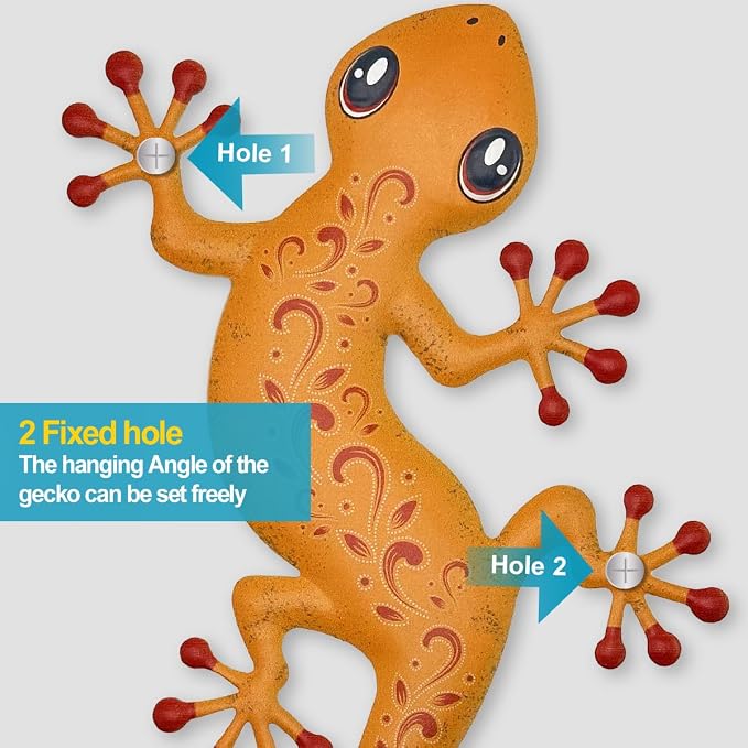4 Pcs Metal Gecko Outdoor Decorations - Metal Wall Art Hanging Sculpture Decoration for Garden Yard Fence Porch Exterior Wall Decor