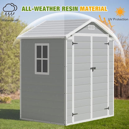 Greesum 6x4FT Plastic Outdoor Storage Shed, Resin Shed with Floor and Window, Tool Sheds with Lockable Door and Vent, for Garden, Garage, Backyard, Lawn, Light Gray