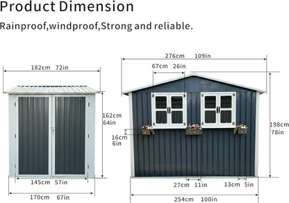 6x9 FT Outdoor Storage Shed with 2 Clear Openable Windows,Waterproof Metal Building Backyard Shed w/Windowsill & Garden Bed Flower Rack,Lockable Double Doors Tool Shed,for Yard,Coal Gray