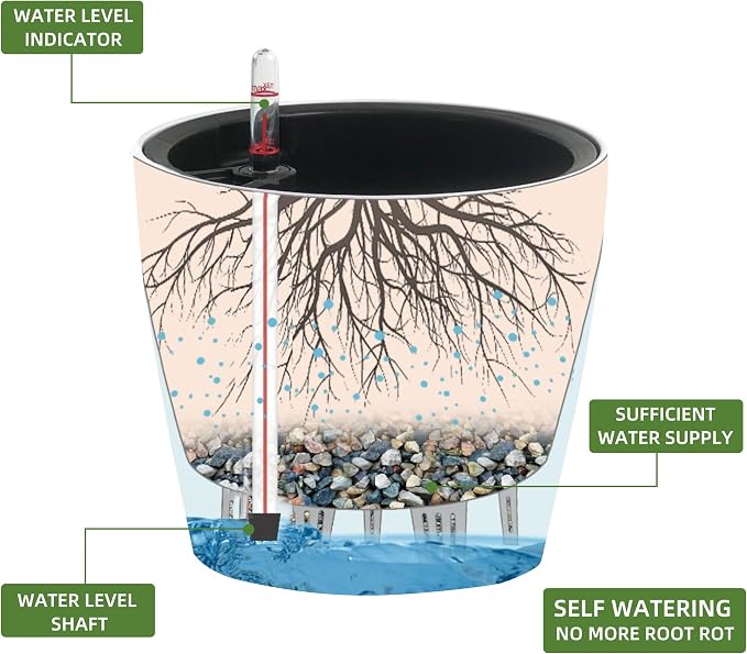 Dexceder 9x8 Self Watering Planter (Taupe Matte) | Inner Pot Design, Thickened Table Flower Plant Pot with Water Level Indicator Indoor Outdoor