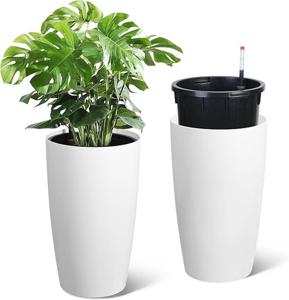 Garvee Tall Planters for Outdoor Plants, 22 in Large Planters Set of 2, Outdoor & Indoor Planters with Water Level Monitor ＆ Inner Bucket, Automatic Watering, for Porch, Patio, Backyard, White