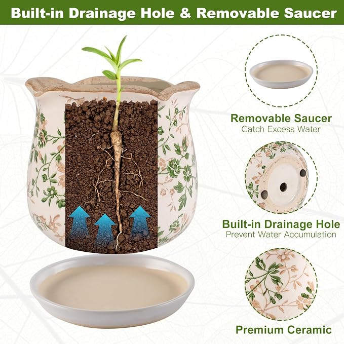 Ceramic-Planters-for-Indoor-Plants with Saucer, 6 inch Vintage Ice Crackle Glaze Plant Pots with Drainage Holes, Decorative Flower Pots for Outdoor Garden Home Decor, Tuscan Pot for Plant