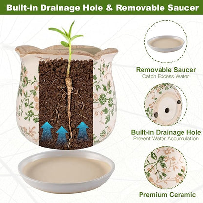 Ceramic-Planters-for-Indoor-Plants with Saucer, 6 inch Vintage Ice Crackle Glaze Plant Pots with Drainage Holes, Decorative Flower Pots for Outdoor Garden Home Decor, Tuscan Pot for Plant