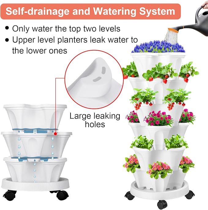 GameXcel Vertical Planter, 6 Tier Stackable Strawberry Planter with Garden Tool Set, Movable Indoor/Outdoor Garden Herb Pot for Growing Vegetables and Succulents, White