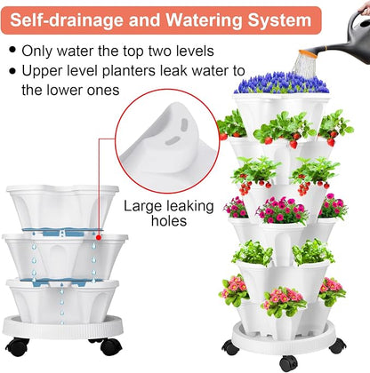 GameXcel Vertical Planter, 6 Tier Stackable Strawberry Planter with Garden Tool Set, Movable Indoor/Outdoor Garden Herb Pot for Growing Vegetables and Succulents, White