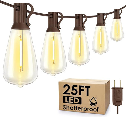 Larkvue 25FT Outdoor String Lights, Patio Lights with 10+1 LED Dimmable Waterproof Shatterproof Linkable ST38 Bulbs for Fence Porch Gazebo, Brown
