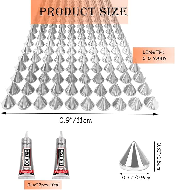 0.5 Yard Spike for Crafts Stude for Clothing, Silver Black Spike Stud with Glue, Cone Flatback Plastic Trim Mesh for Holloween Party Decoration Costume DIY Crafts