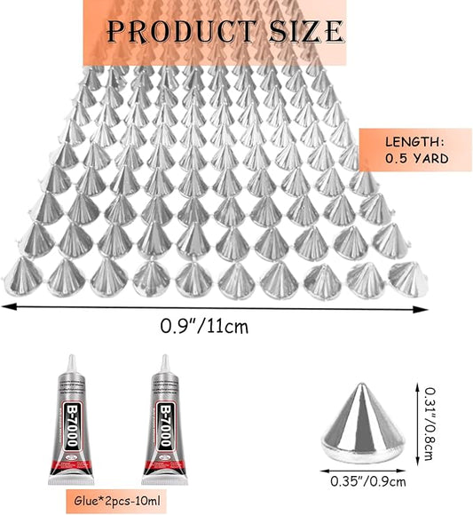 0.5 Yard Spike for Crafts Stude for Clothing, Silver Black Spike Stud with Glue, Cone Flatback Plastic Trim Mesh for Holloween Party Decoration Costume DIY Crafts