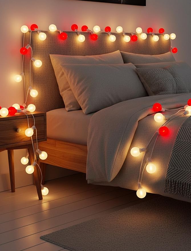 LED Valentine’s Day String Lights, 25Ft Valentines Decorations Outdoor | 25+2 G40 Round Bulbs, Connectable, Shatterproof Hanging Indoor Fairy Lights for Wedding Date Patio, Frosted Red White