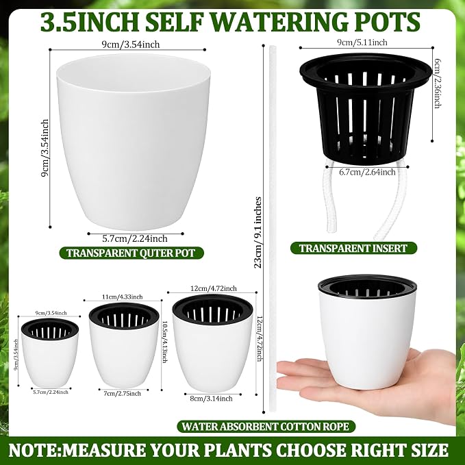 36 Pcs Self Watering Pots, 3.5 Inch Plastic Flower Plant Pot with Inner Pot Self Watering Wick Planter White Flower Pots for Indoor House Plants Herbs, Flowers, Succulents (White Black)