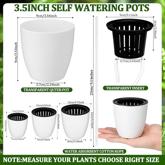 36 Pcs Self Watering Pots, 3.5 Inch Plastic Flower Plant Pot with Inner Pot Self Watering Wick Planter White Flower Pots for Indoor House Plants Herbs, Flowers, Succulents (White Black)