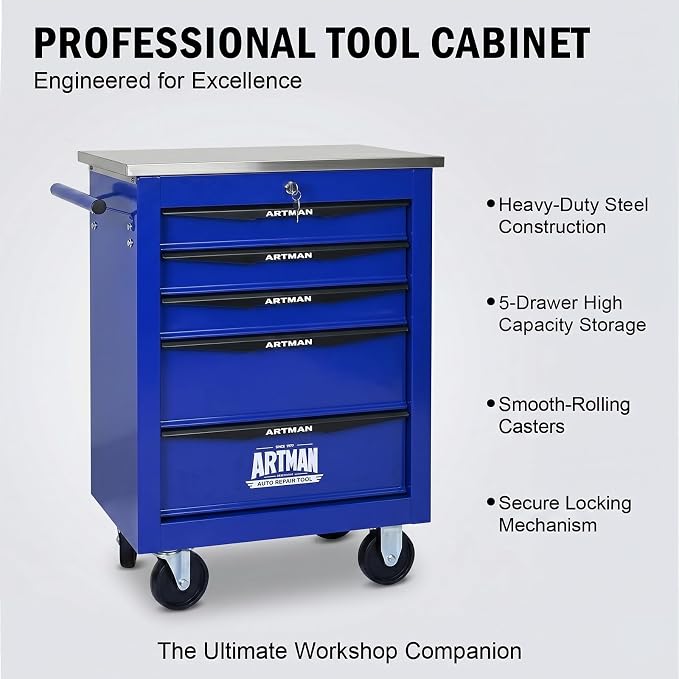 5-Drawer Rolling Tool Chest, Lockable Stainless Worktop for Garage,Blue | Heavy Duty Metal Tool Cabinet with Drawers on Wheels for Warehouse and Workshop Storage