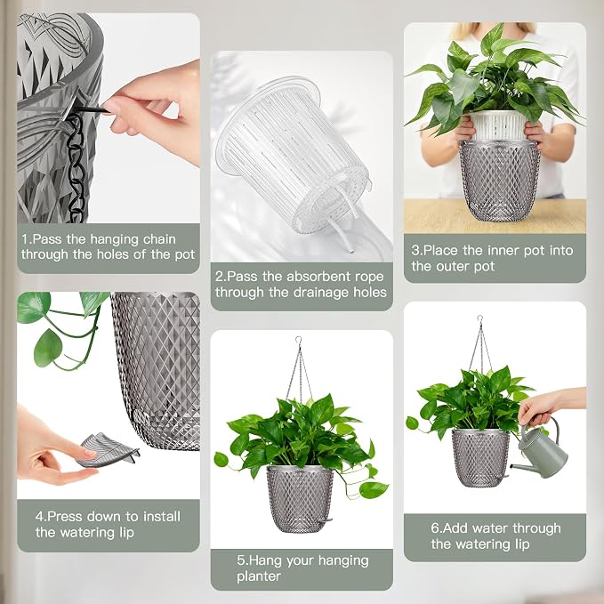 QCQHDU Hanging Planters for Indoor Plants, 2-Pack, 7.2 Inch, Gray | Plastic, Self Watering Plant Hanger, with Drainage Holes, 3 Hooks Chains, For Garden Home