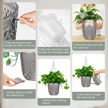 QCQHDU Hanging Planters for Indoor Plants, 2-Pack, 7.2 Inch, Gray | Plastic, Self Watering Plant Hanger, with Drainage Holes, 3 Hooks Chains, For Garden Home