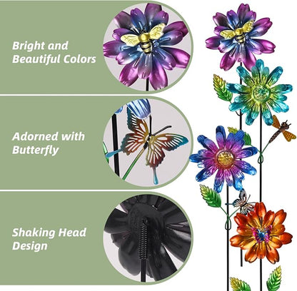 Calenzana Metal Flower Garden Stakes for Outside Set of 4, Flower Garden Decor with Shaking Head for Yard Porch Lawn Pathway, Multi-Color