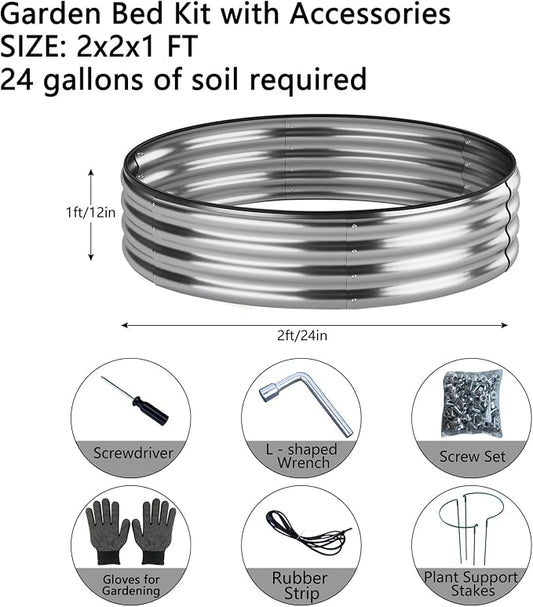 ZFHgarden Galvanized Metal Planter Raised Garden Bed Kit for Gardening Outdoor 2x2x1ft Round Galvanized Steel Fire Pit，Steel Fire Pit Silver for Backyard, Camping, Bonfire