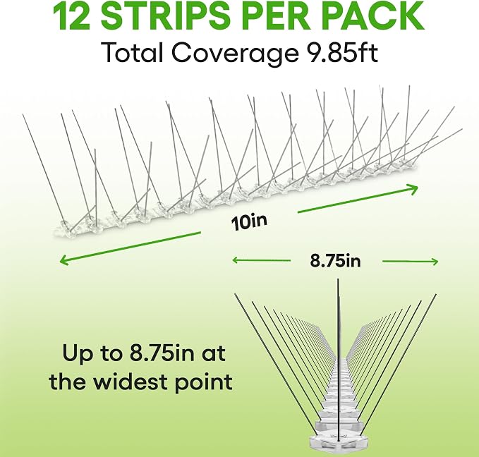 Bird Spikes - Pigeon Spikes - Bird Deterrent Spikes - Stainless Steel - Pigeon & Seagull Defense - Easy Setup - Keeps Birds Under Control - Covers 10 feet