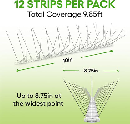 Bird Spikes - Pigeon Spikes - Bird Deterrent Spikes - Stainless Steel - Pigeon & Seagull Defense - Easy Setup - Keeps Birds Under Control - Covers 10 feet