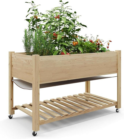 KYBOLT Raised Garden Bed with Legs and Wheels, Wooden Raised Planter Box with Storage Shelf, Protective Liner, Mobile Elevated Wood Planter for Backyard, Patio, Balcony Natural, 48"×24"×30"