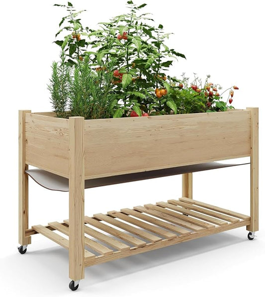 KYBOLT Raised Garden Bed with Legs and Wheels, Wooden Raised Planter Box with Storage Shelf, Protective Liner, Mobile Elevated Wood Planter for Backyard, Patio, Balcony Natural, 48"×24"×30"
