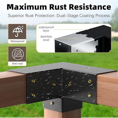 Pergola Brackets, 3-Way Pergola Kit for 4"x 4" (Actual 3.5" X 3.5") | Heavy Duty, Durable & Weather-Resistant Construction, Right Angle Corner Bracket with Black Powder Coated (4Pcs 3-Way)
