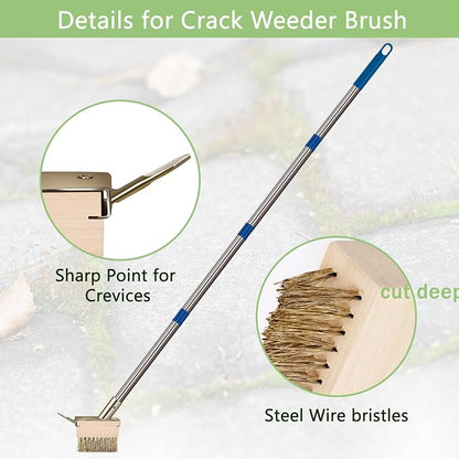 Crack Weeder Tool, Crevice Weeding Moss Brush with 2 Heads&Scraping Hook, A Hand Puller Tool, Moss Remover with Steel Handle for Cleaning Paving Joint Paver Sidewalk Patio Stone Driveway Deck