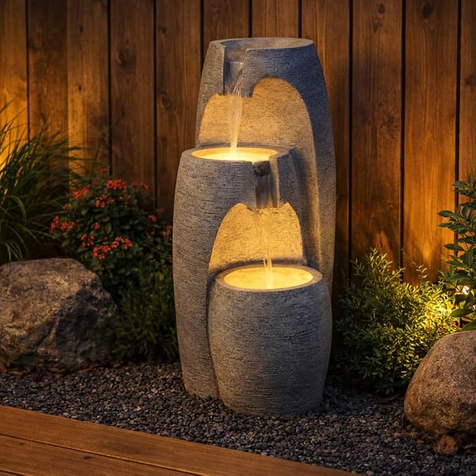 Teamson Home 3-Tier Cascading Urn Outdoor Water Fountain, Gray | Warm Glow Lighting, Adjustable Flow, Electric Pump