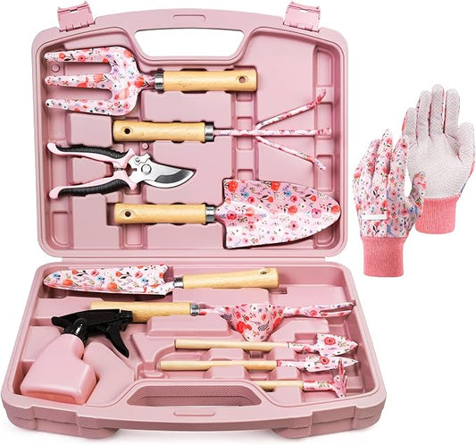 Grenebo 12-Piece Gardening Tools Set, Floral Print Garden Tool Set Gift, Rust-Proof & Heavy-Duty Trowel, Rake, Weeder, Pruner with Hard Case, Gardening Gifts for Women, Mom & Plant Lovers (Pink)
