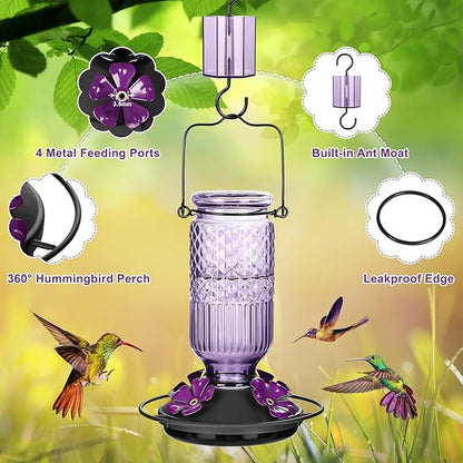 FEED GARDEN Glass Hummingbird Feeder for Outdoors Hanging, 16 oz Leak-Proof Nectar Feeder with Bee Guards & Ant Moat, 4 Metal Flower Feeding Ports, 360° Perch Ring, Easy Refill & Clean, Purple