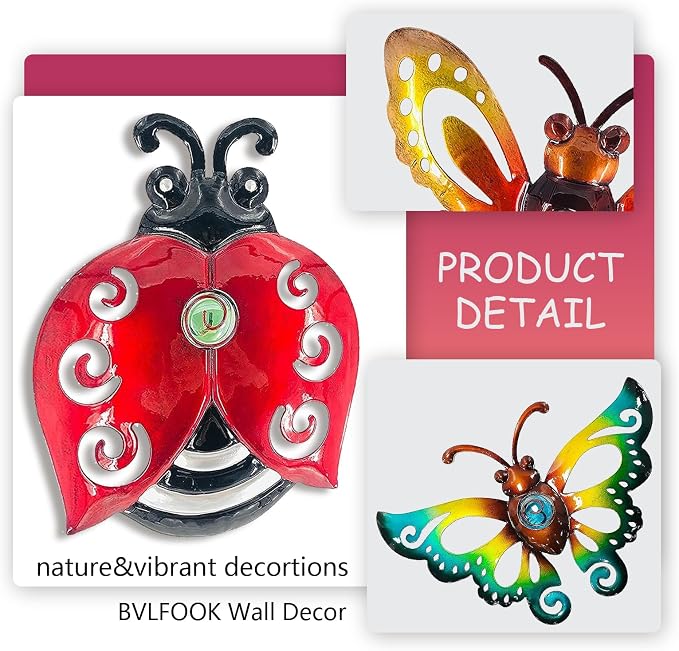 Garden Decor Butterfly Ladybug Bee Metal Wall Art, Hanging Wall Decoration | BVLFOOK; For Home; Garden; Porch; Patio Balcony Ornament; Outdoor; Birthday Gift, 3 Pack 9 Inch