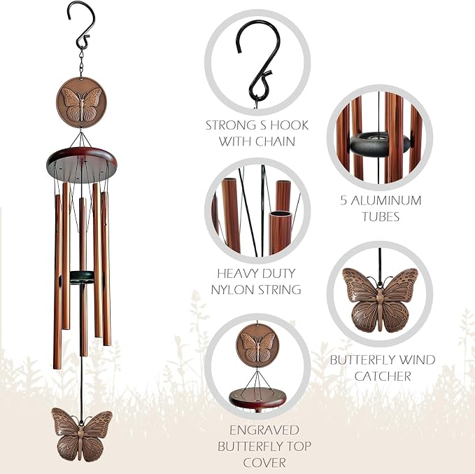 Butterfly Wind Chimes for Outside,32" Outdoor Wind Chime Butterfly Gifts for Women/Mother/Father/Christmas/Unisex,Unique Windchimes Outdoors Zen Garden Patio Home Yard Decor(Copper)