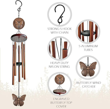 Butterfly Wind Chimes for Outside,32" Outdoor Wind Chime Butterfly Gifts for Women/Mother/Father/Christmas/Unisex,Unique Windchimes Outdoors Zen Garden Patio Home Yard Decor(Copper)