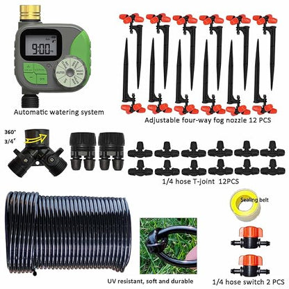 Drip Irrigation Kit Automatic Watering System with Water Timer 64FT 1/4 Tubing and 12 Rain Spray Watering Nozzles in 4 Directions for Potted Plants Yard Lawn Juvenile Plants Greenhouse Mist