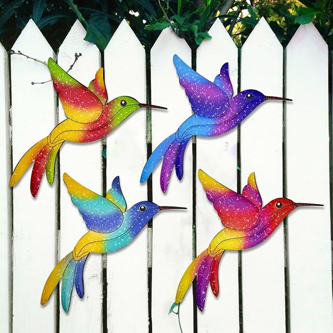 Metal Hummingbird Wall Decor - 4 Pcs Outdoor Fence Birds Art Decoration Hanging Decorations for Garden Yard Patio Balcony