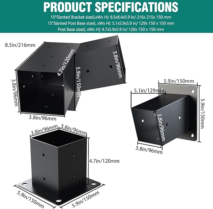 Pergola Brackets, 2 Pack Woodworks Pergola Kit 15° 3-Way Right Angle Corner Bracket with Post Base for 4x4'' (Actual: 3.5x3.5'') Wood Beams Elevated Wood Stand Kit 6 Pc