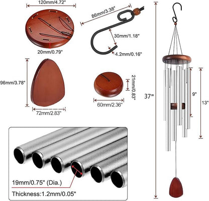 37 Inch Large Aluminum Wind Chimes, Sleek Silver with Deep Tone and Wood Top, Outdoor Decor for Garden Patio Backyard Porch, Birthday Housewarming Gift
