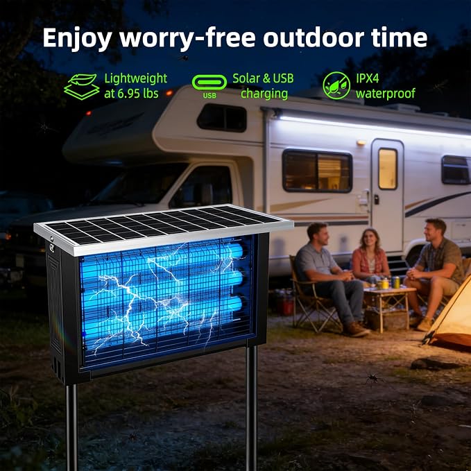 Solar Bug Zapper Outdoor for 3000 sq.ft, Waterproof Mosquito Zapper, Rechargeable Fly Zapper with 3 LED Tube,Cordless Solar Mosquito Killer for Patio Yard Garden Camping with 13W Solar Panel (9023A)