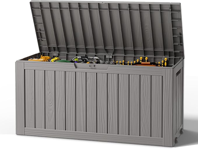 Outdoor Storage Box, Resin Deck Boxes Indoor and outdoor, Waterproof Storage Box Lockable Lid (Grey, 85 Gallon)