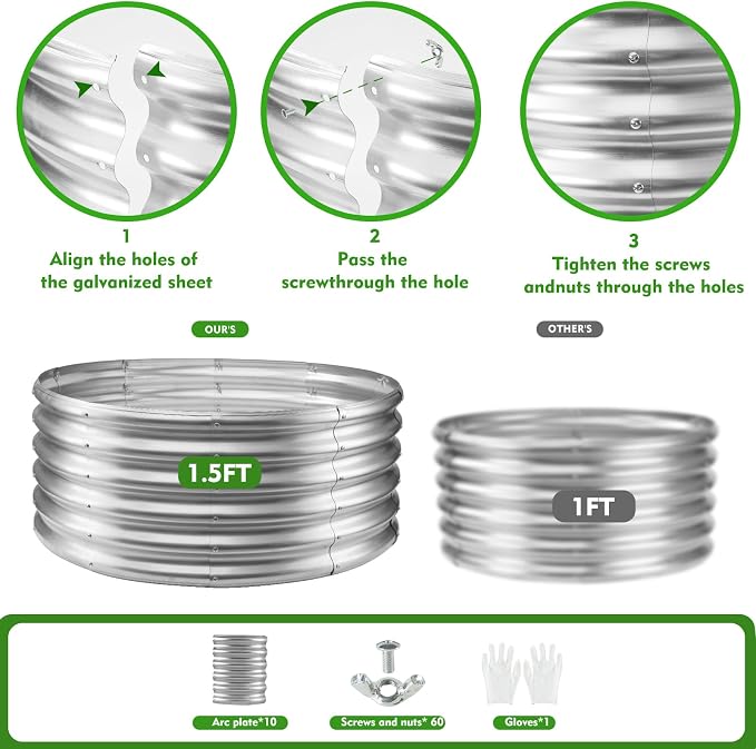 YSEJOMP 17" Tall 40" Diameter Round Raised Garden Bed Kits Outdoor Silver | 1.5 FT Tall,3.3FT Planter Bed for Flowers,Herbs,Vegetables,Trees,0.8MM Thick Galvanized Metal,with Gloves,Tool free