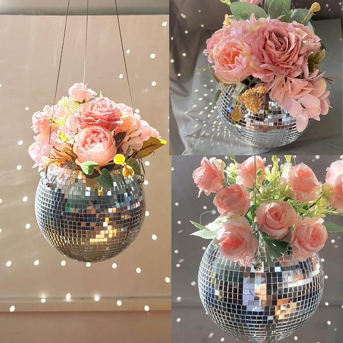 Disco Ball Hanging Plant Pots, Boho Silver Mirror Disco Planter with Chain Hook and Macrame Rope for Indoor Outdoor Decor and Wooden Stand for Desk,Self Watering Insert Pots