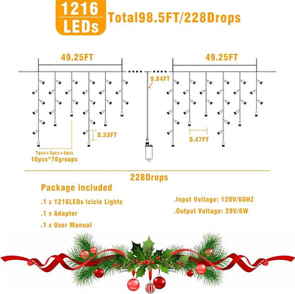 99ft Icicle Lights for Outside, Warm White Christmas Lights Outdoor Indoor, 1216 LED Twinkle String Light with 228 Drops, Waterproof Curtain Light for House Eaves Patio Wall Bedroom Window Roof Decor