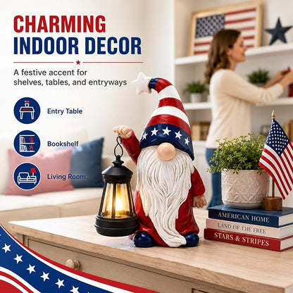 Solar Patriotic Gnome Lantern Statue, 9.4" Independence Day Garden Decor, American Flag Gnome Outdoor Decorations for Patio, Yard, Porch, and Lawn; Memorial Day and 4th of July Decor