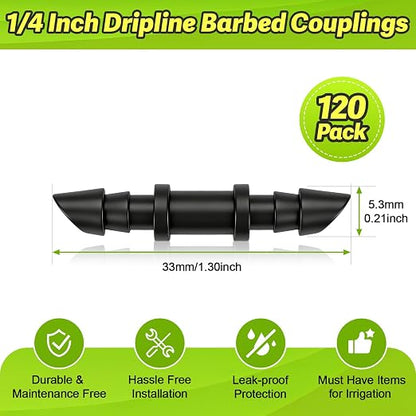 120 Pieces 1/4" Drip Irrigation Coupling Fittings：Drip Line Double Barbed Coupler Connectors for 1/4 Inch Irrigation Tubing 1/4'' Straight Coupler with Sharp End for Drip Irrigation System