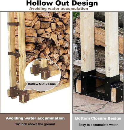 Outdoor Firewood Rack Bracket Kit with 4 Support Bars for Fire Wood Pile Storage, Heavy Duty DIY Fireplace Log Stacking Stand Holder for 2x4 lumber, Brown, 1 Pair