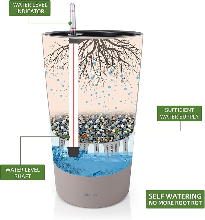 Dexceder 22x13 Self Watering Tall Planter (Taupe Matte) | High Cylinder, Thickened Large Floor Standing Flower Plant Pot with Water Level Indicator Indoor Outdoor