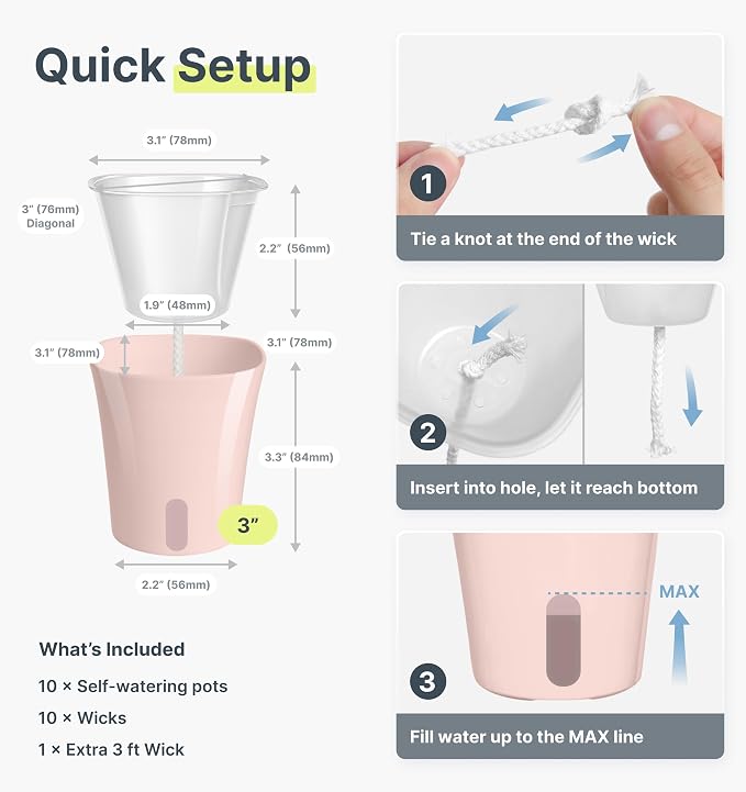 10 Pack 3" Self Watering Pots for Indoor Plants, Clear Inner Cup, Small Pink Plastic Planters, Water Level Indicator, Drainage Holes, Extra 3ft Wick, Cuttings,Seedlings,Herb,African Violet