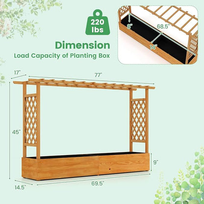 Giantex Raised Garden Bed with Trellis & Hanging Roof, Wood Planter Box with Bottom and Drainage Holes, Freestanding Garden Planter for Flower Vegetable Fruit Herb Climbing Vines (79" x 17.5" x 45")