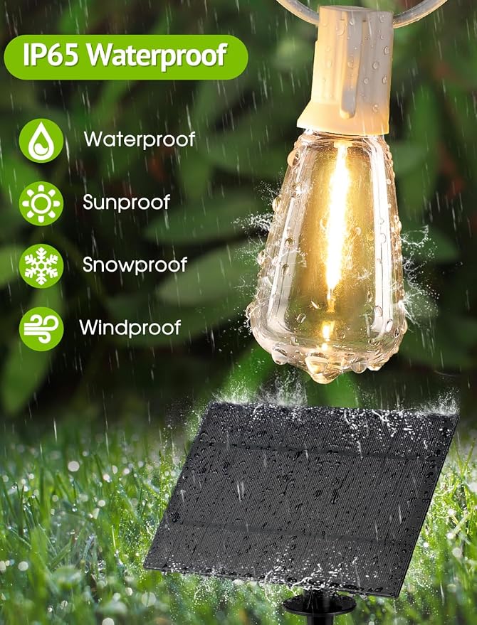 Larkvue 48FT Solar Outdoor String Lights with Remote & Timer, Shatterproof Dimmable 3 Modes Patio Lights with 15+1 ST38 LED Bulbs for Backyard-White