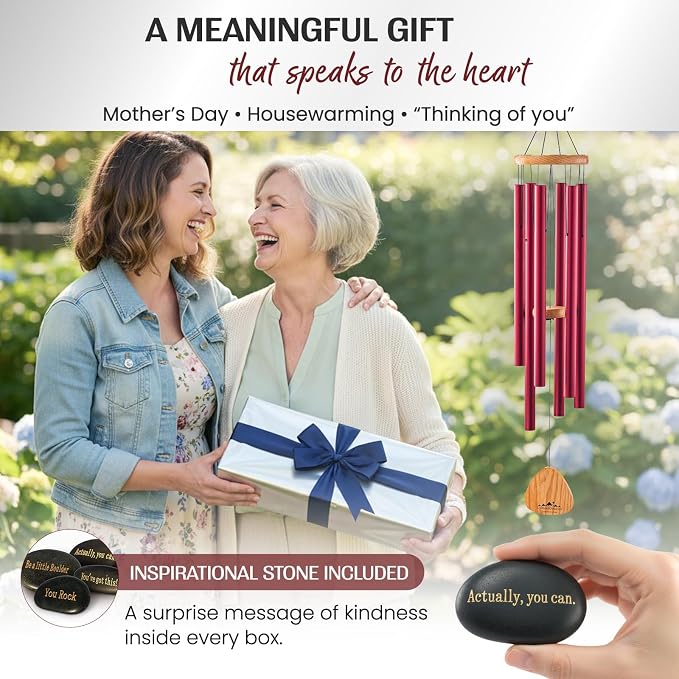 Red Wind Chimes for Outside Deep Tone, 41 Inch Hand Tuned B Major Pentatonic Alto Wind Chime with Decorative Kindness Stone, Outdoor Garden Patio Porch Decor, Meaningful Sympathy Memorial Gift